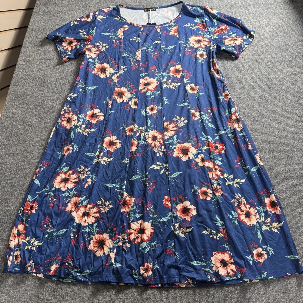 Fantaslook Blue Floral Midi Dress Short Sleeve Summer Casual Trapeze Tunic 3X